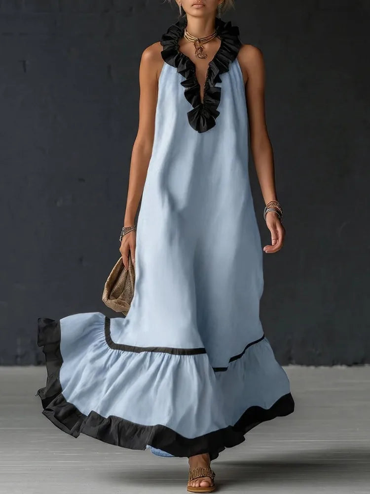 Women’s A-Line Ruffle Pleated Maxi Dress – Elegant V-Neck Sleeveless Evening Party Dress