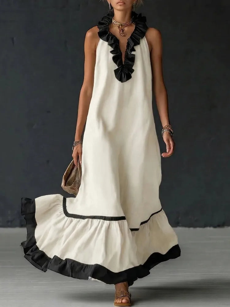 Women’s A-Line Ruffle Pleated Maxi Dress – Elegant V-Neck Sleeveless Evening Party Dress