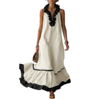 Women’s A-Line Ruffle Pleated Maxi Dress – Elegant V-Neck Sleeveless Evening Party Dress