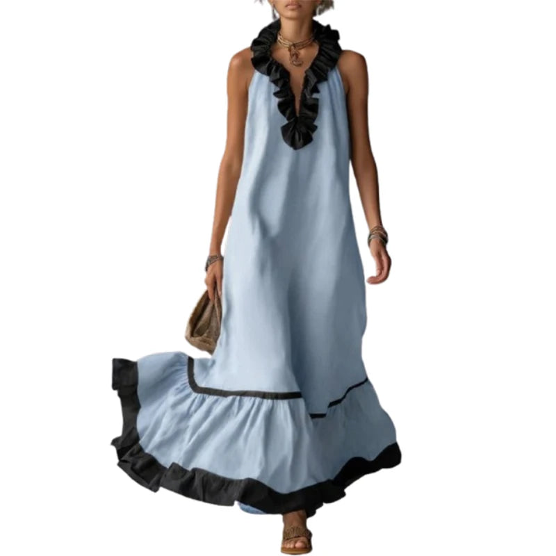 Women’s A-Line Ruffle Pleated Maxi Dress – Elegant V-Neck Sleeveless Evening Party Dress