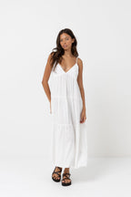White Linen Tiered Maxi Dress Women Summer Boho Spaghetti Strap V Neck Beach Vacation Dress