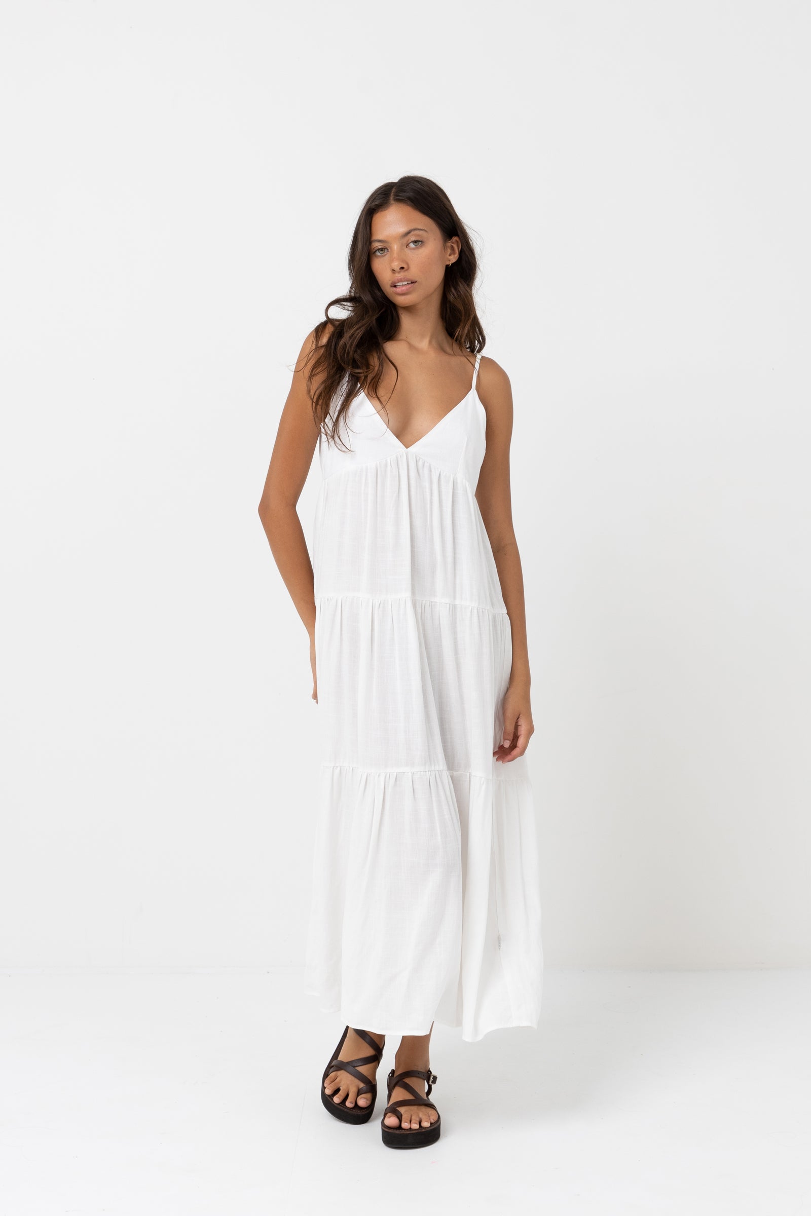 White Linen Tiered Maxi Dress Women Summer Boho Spaghetti Strap V Neck Beach Vacation Dress