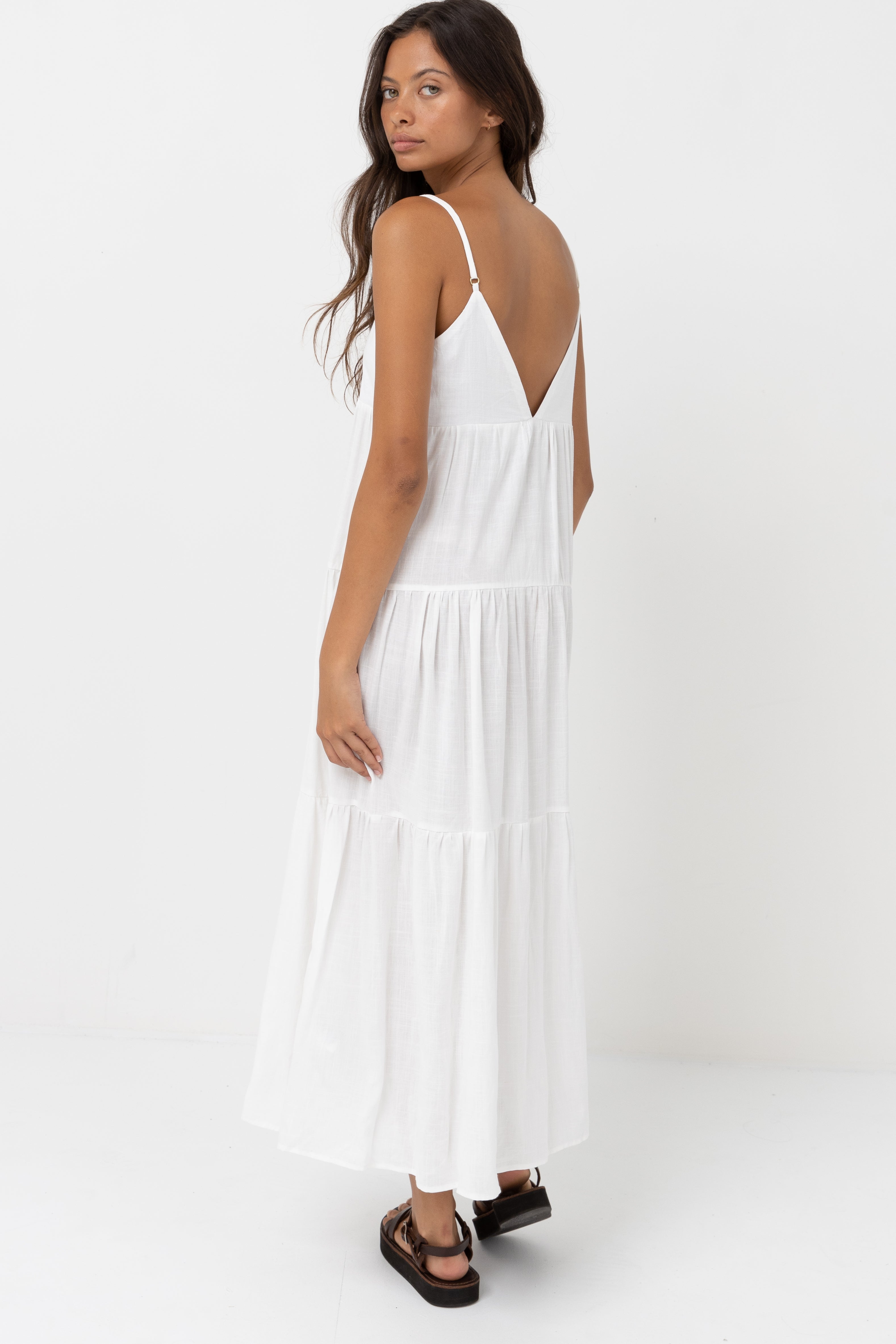 White Linen Tiered Maxi Dress Women Summer Boho Spaghetti Strap V Neck Beach Vacation Dress