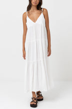 White Linen Tiered Maxi Dress Women Summer Boho Spaghetti Strap V Neck Beach Vacation Dress