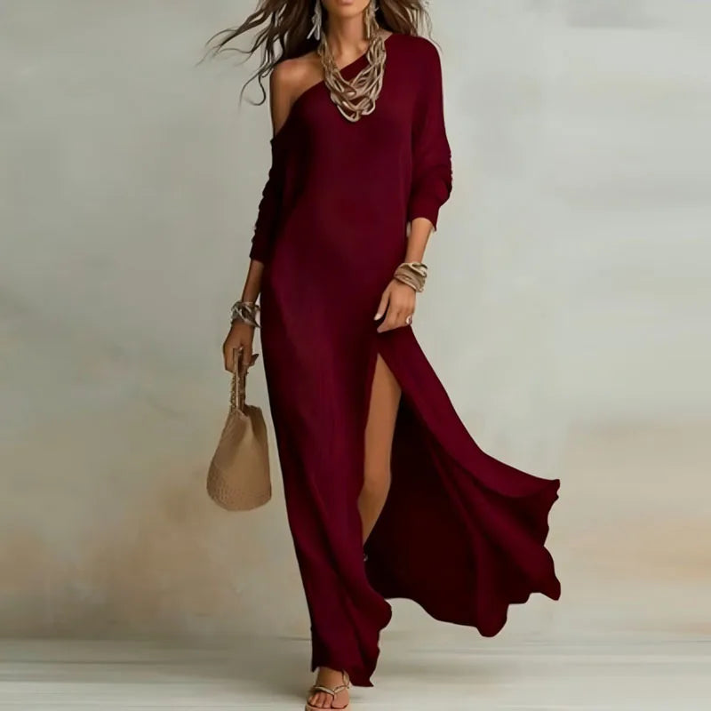 Women’s One-Shoulder Maxi Dress with Split Hem – Elegant Bohemian Holiday Party Dress