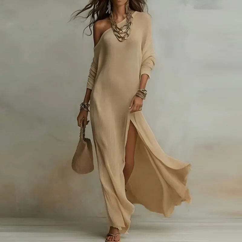 Women’s One-Shoulder Maxi Dress with Split Hem – Elegant Bohemian Holiday Party Dress