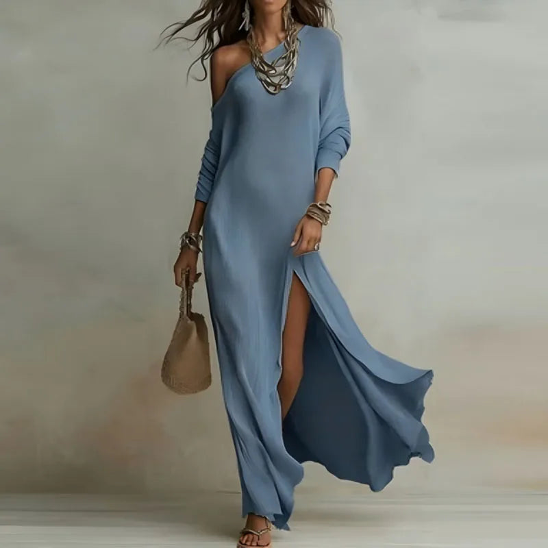 Women’s One-Shoulder Maxi Dress with Split Hem – Elegant Bohemian Holiday Party Dress