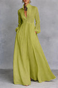 Women’s Cotton Linen Blend Flowing Button Front Maxi Dress Relaxed Fit Gathered Waist Long Summer Elegant Casual Vacation Resort Everyday Chic Dress