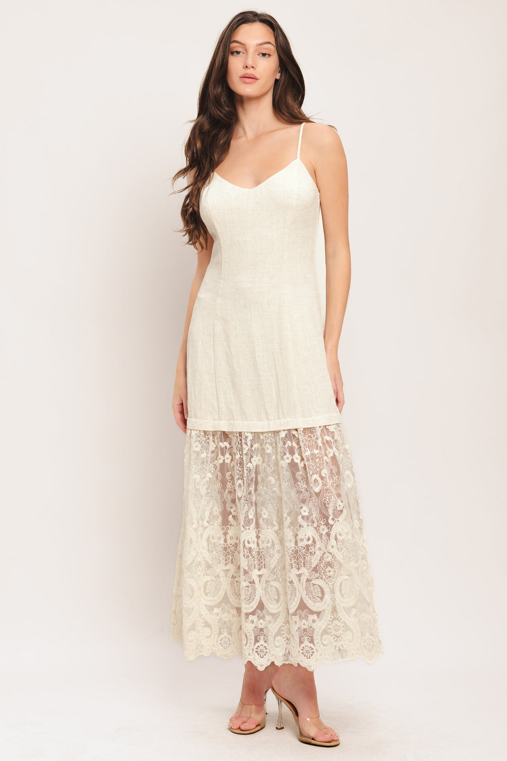 Elegant Lace White Midi Dress with Cami Bodice