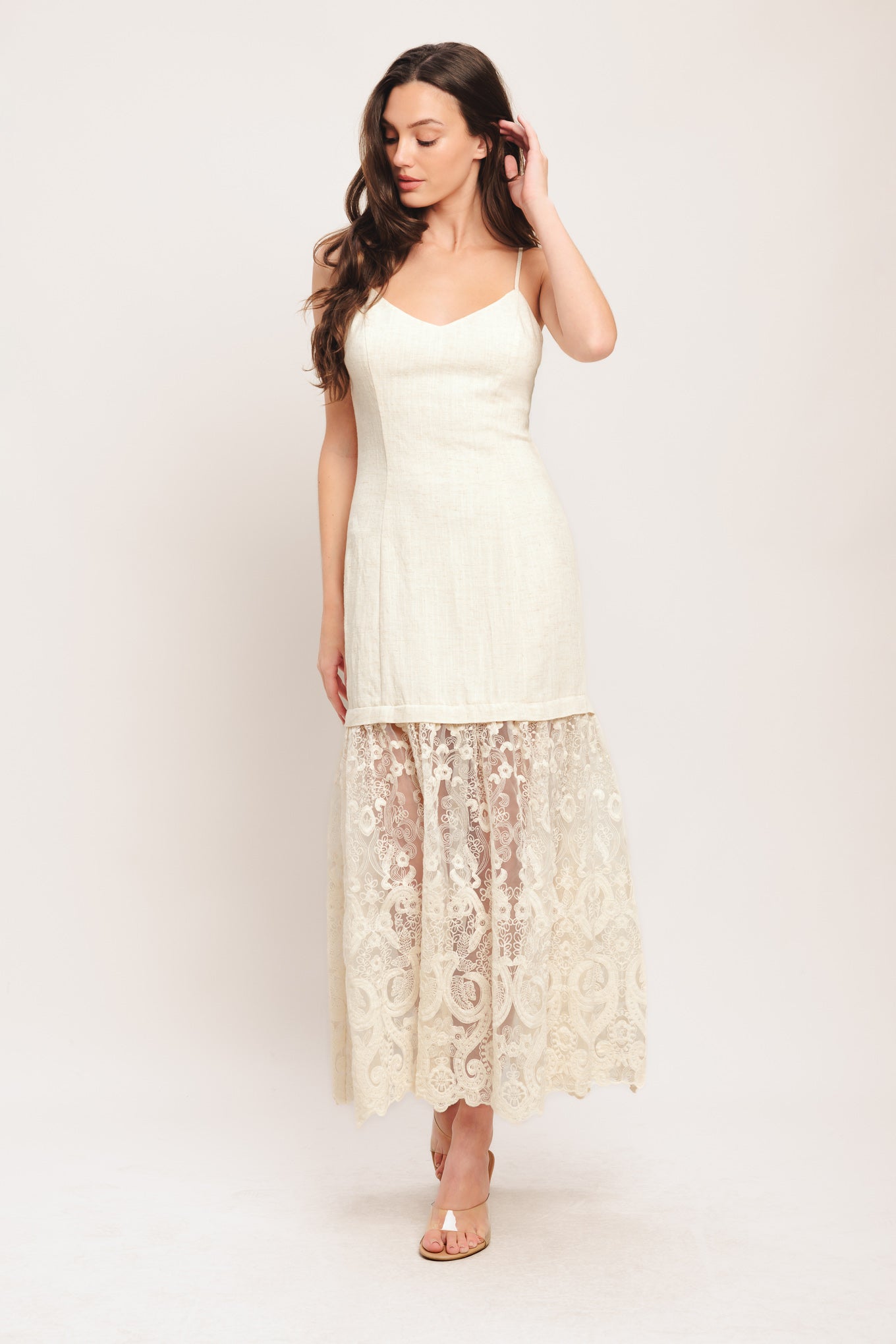 Elegant Lace White Midi Dress with Cami Bodice