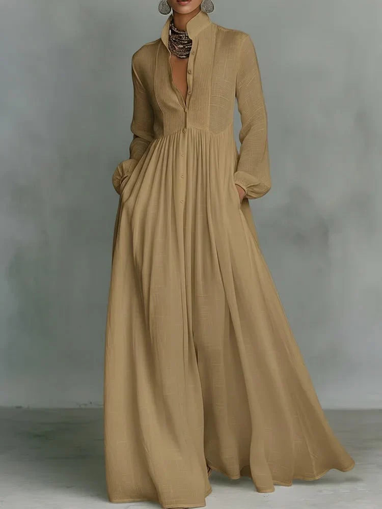 Women’s Cotton Linen Blend Button Front Maxi Dress Relaxed Fit Gathered Waist Full Length Flowy Elegant Casual Summer Vacation Resort Wear Dress