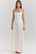 Elegant Satin Maxi Dress White Long Dress with Lace-Up Back for Timeless Sophistication