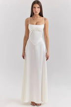 Elegant Satin Maxi Dress White Long Dress with Lace-Up Back for Timeless Sophistication