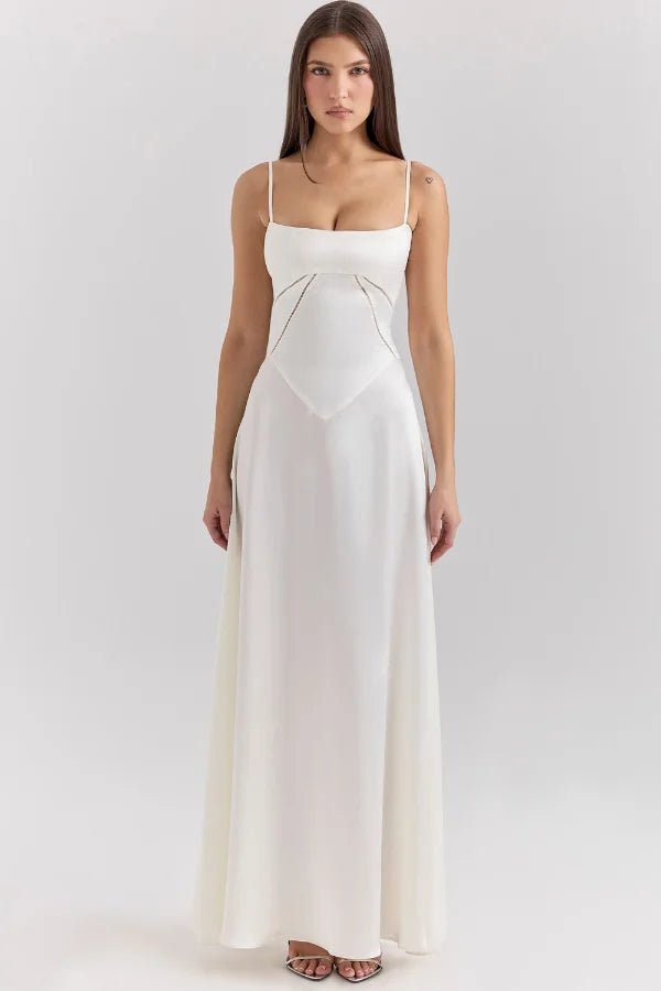Elegant Satin Maxi Dress White Long Dress with Lace-Up Back for Timeless Sophistication