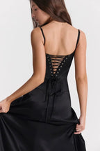 Elegant Satin Maxi Dress White Long Dress with Lace-Up Back for Timeless Sophistication