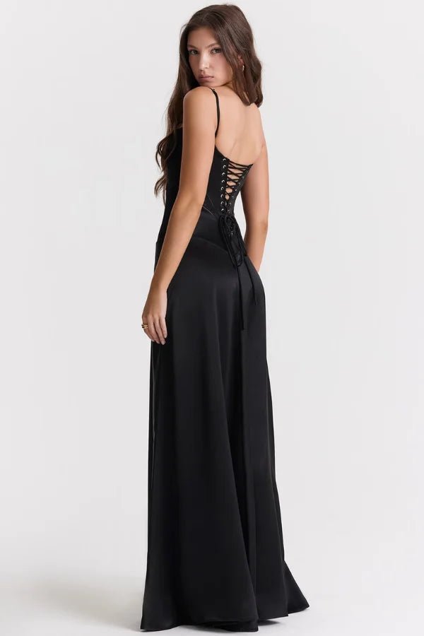 Elegant Satin Maxi Dress White Long Dress with Lace-Up Back for Timeless Sophistication