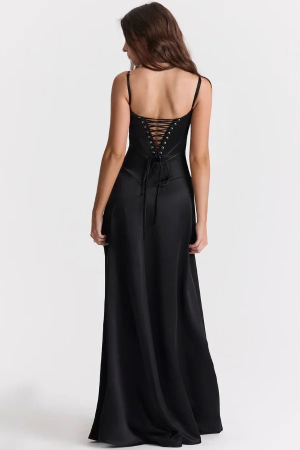 Elegant Satin Maxi Dress White Long Dress with Lace-Up Back for Timeless Sophistication