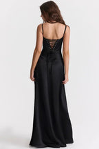 Elegant Satin Maxi Dress White Long Dress with Lace-Up Back for Timeless Sophistication