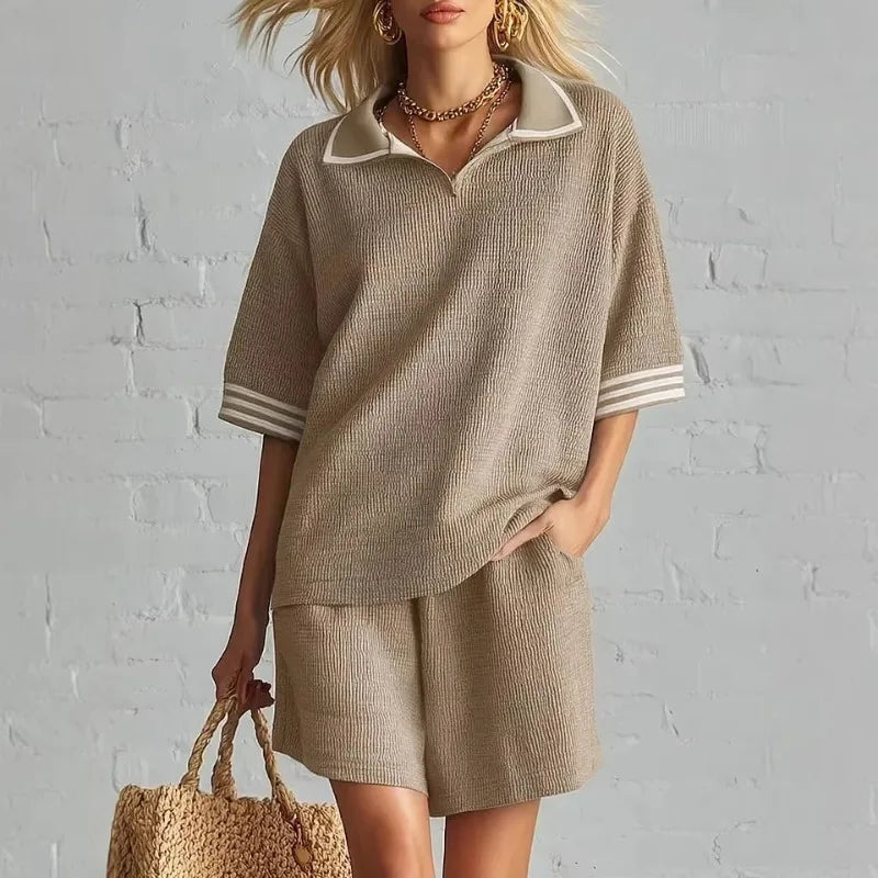 Women’s Knitted Striped Sports Set – Loose Top & Cropped Pants 2-Piece Summer Outfit