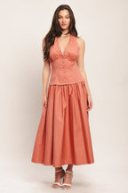Elegant Woven Midi Dress with Halter Neck & Full Skirt