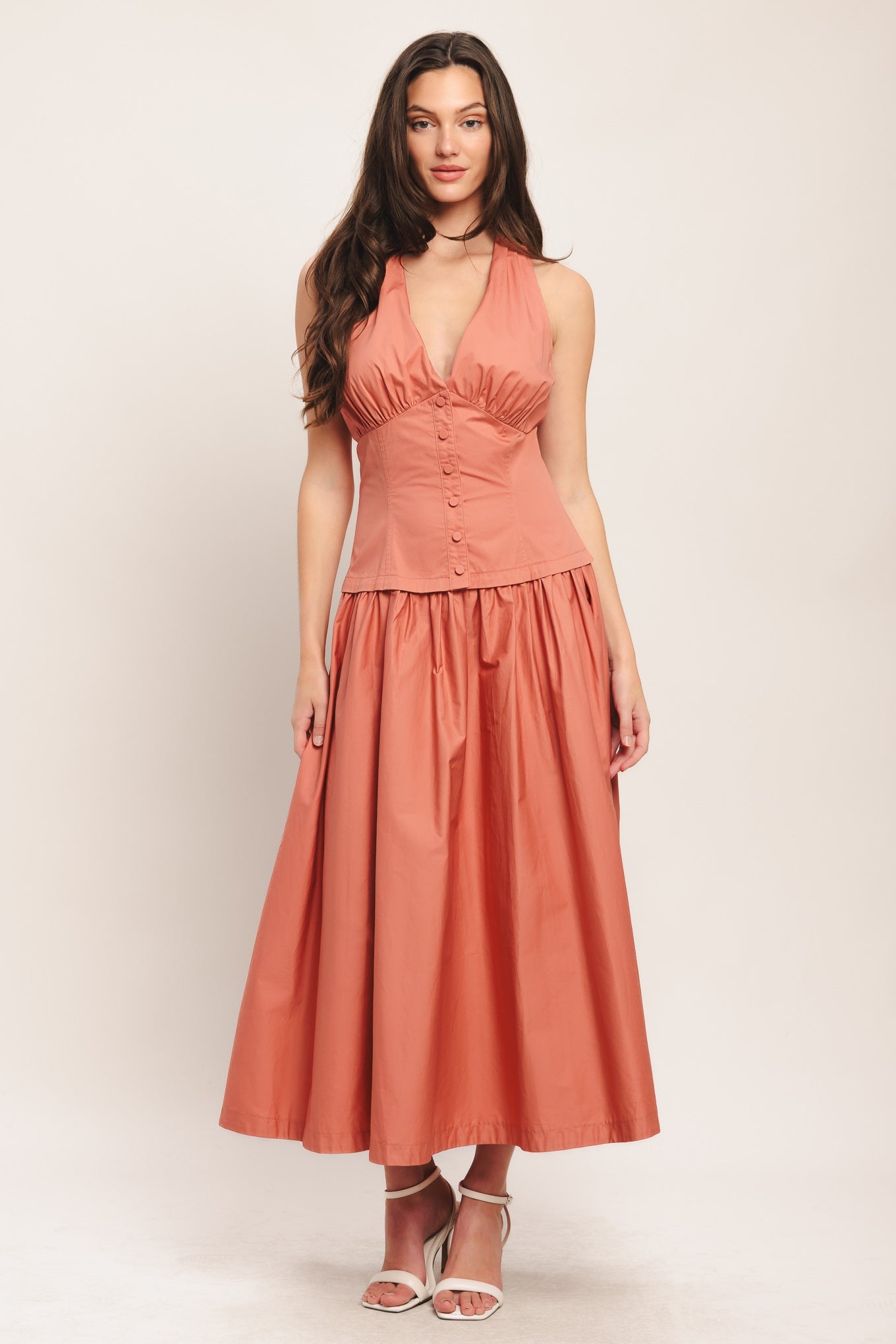Elegant Woven Midi Dress with Halter Neck & Full Skirt