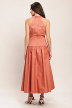 Elegant Woven Midi Dress with Halter Neck & Full Skirt