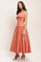 Elegant Woven Midi Dress with Halter Neck & Full Skirt