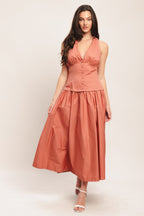 Elegant Woven Midi Dress with Halter Neck & Full Skirt