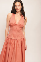 Elegant Woven Midi Dress with Halter Neck & Full Skirt
