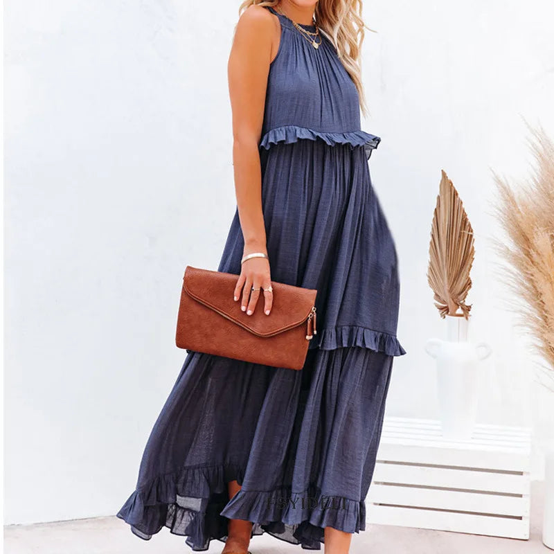 Navy Blue Tiered Ruffle Maxi Dress Women's Sleeveless Halter Neck Boho Flowy Dress