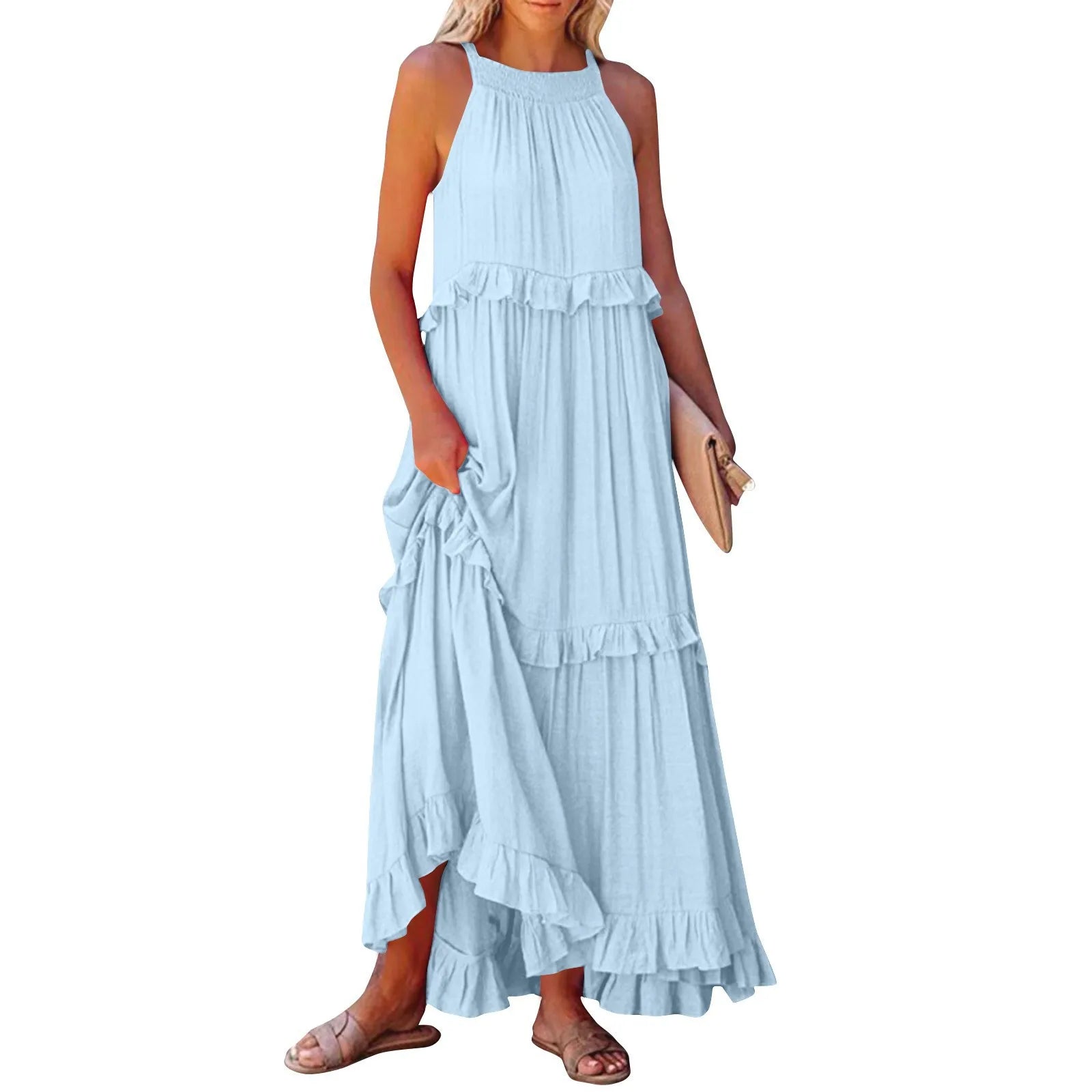Navy Blue Tiered Ruffle Maxi Dress Women's Sleeveless Halter Neck Boho Flowy Dress