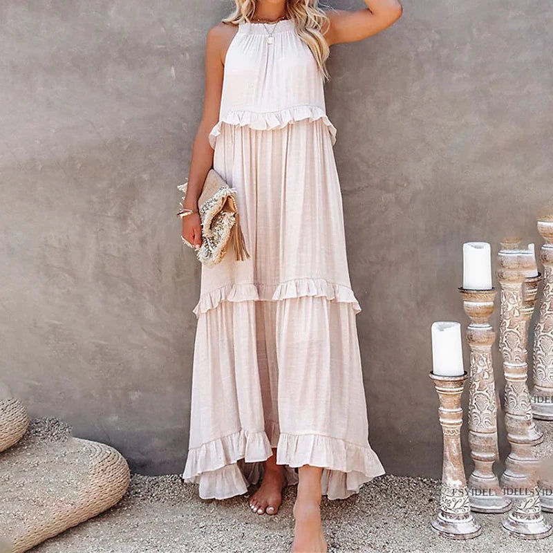 Navy Blue Tiered Ruffle Maxi Dress Women's Sleeveless Halter Neck Boho Flowy Dress