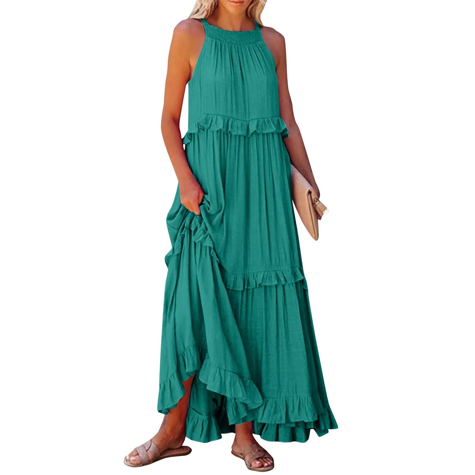 Navy Blue Tiered Ruffle Maxi Dress Women's Sleeveless Halter Neck Boho Flowy Dress