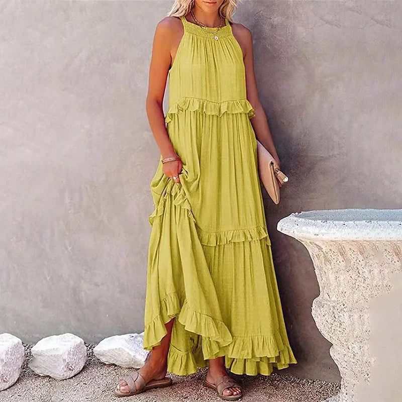 Navy Blue Tiered Ruffle Maxi Dress Women's Sleeveless Halter Neck Boho Flowy Dress