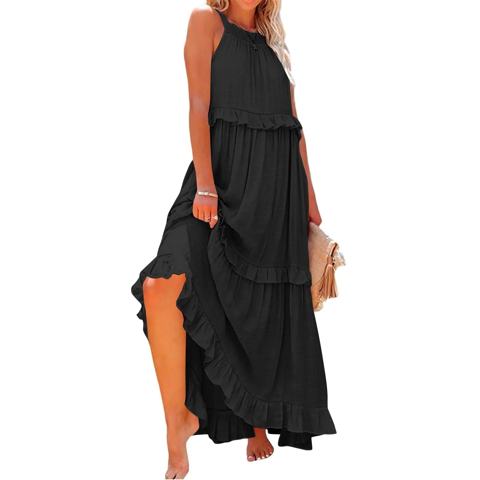 Navy Blue Tiered Ruffle Maxi Dress Women's Sleeveless Halter Neck Boho Flowy Dress
