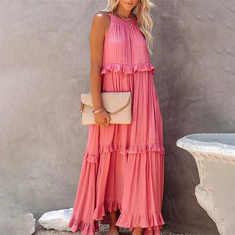 Navy Blue Tiered Ruffle Maxi Dress Women's Sleeveless Halter Neck Boho Flowy Dress