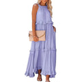 Navy Blue Tiered Ruffle Maxi Dress Women's Sleeveless Halter Neck Boho Flowy Dress