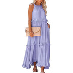 Navy Blue Tiered Ruffle Maxi Dress Women's Sleeveless Halter Neck Boho Flowy Dress