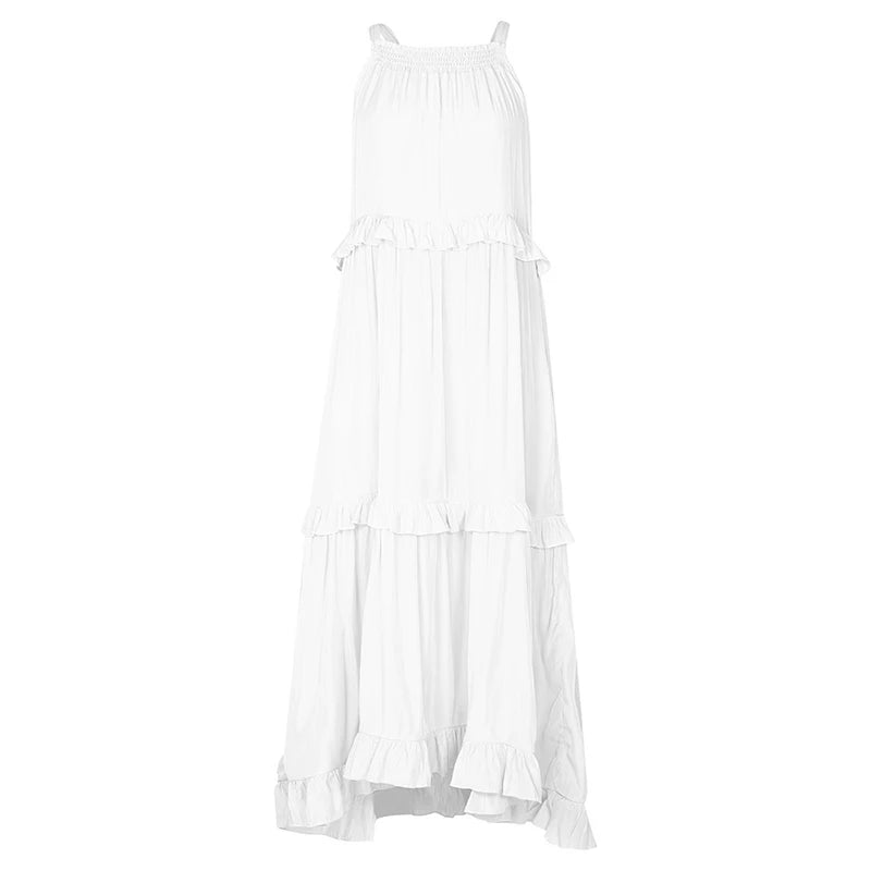 Navy Blue Tiered Ruffle Maxi Dress Women's Sleeveless Halter Neck Boho Flowy Dress