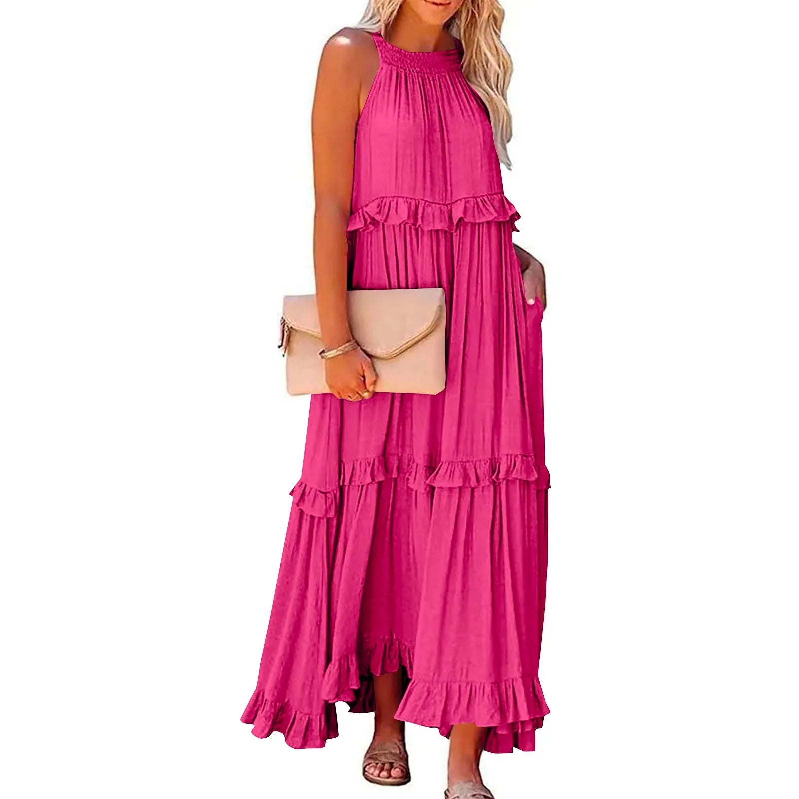 Navy Blue Tiered Ruffle Maxi Dress Women's Sleeveless Halter Neck Boho Flowy Dress