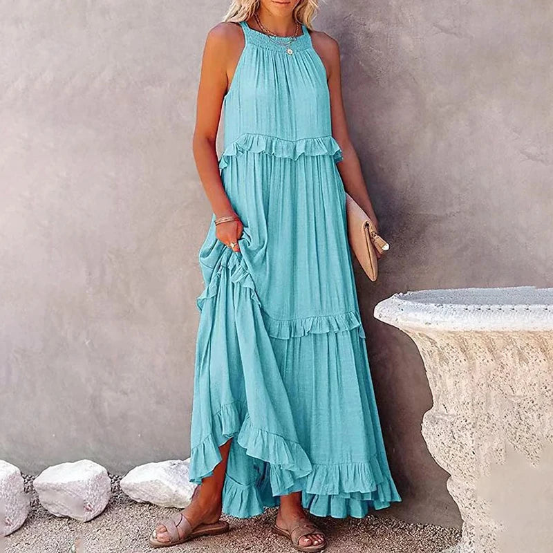 Navy Blue Tiered Ruffle Maxi Dress Women's Sleeveless Halter Neck Boho Flowy Dress