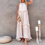 Navy Blue Tiered Ruffle Maxi Dress Women's Sleeveless Halter Neck Boho Flowy Dress