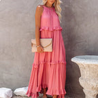 Navy Blue Tiered Ruffle Maxi Dress Women's Sleeveless Halter Neck Boho Flowy Dress