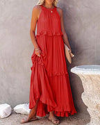Navy Blue Tiered Ruffle Maxi Dress Women's Sleeveless Halter Neck Boho Flowy Dress