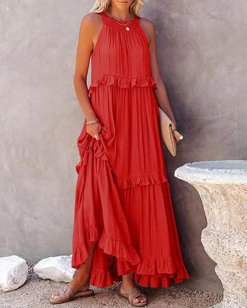 Navy Blue Tiered Ruffle Maxi Dress Women's Sleeveless Halter Neck Boho Flowy Dress