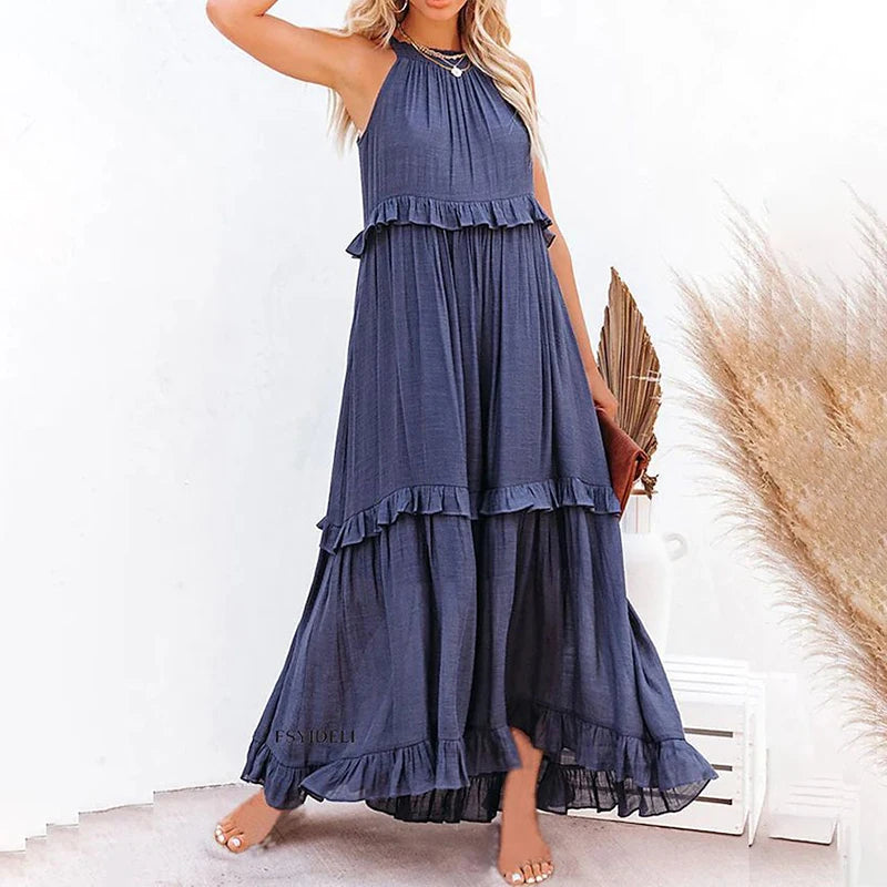 Navy Blue Tiered Ruffle Maxi Dress Women's Sleeveless Halter Neck Boho Flowy Dress
