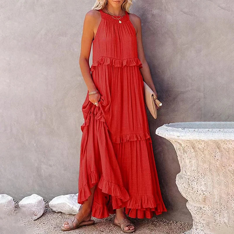 Navy Blue Tiered Ruffle Maxi Dress Women's Sleeveless Halter Neck Boho Flowy Dress