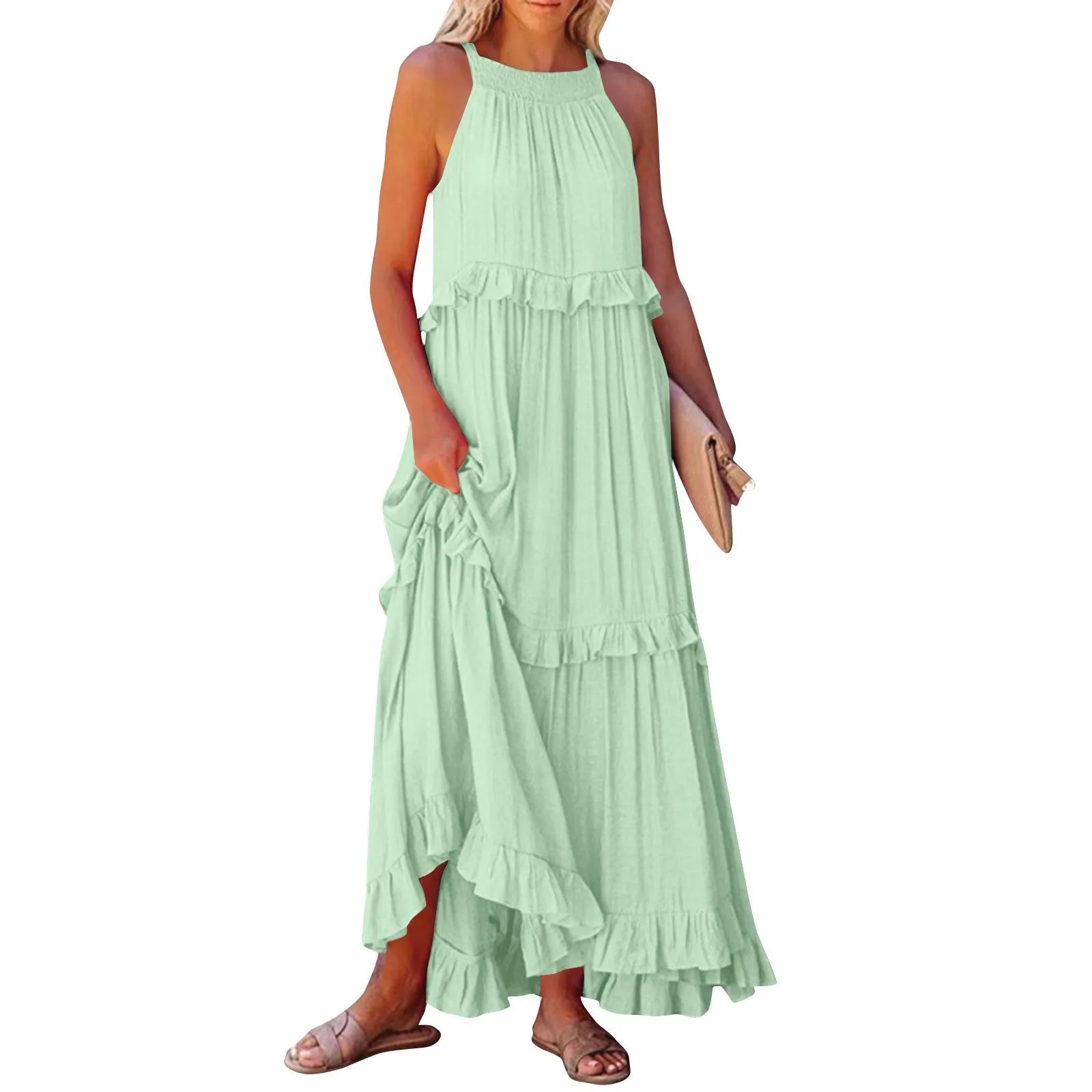 Navy Blue Tiered Ruffle Maxi Dress Women's Sleeveless Halter Neck Boho Flowy Dress