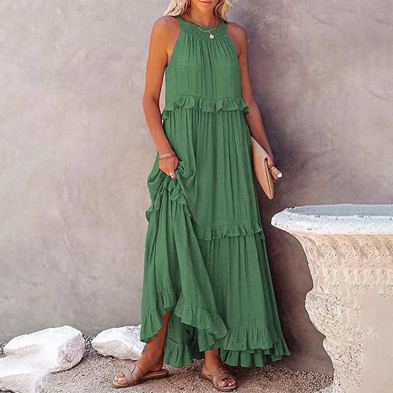 Navy Blue Tiered Ruffle Maxi Dress Women's Sleeveless Halter Neck Boho Flowy Dress