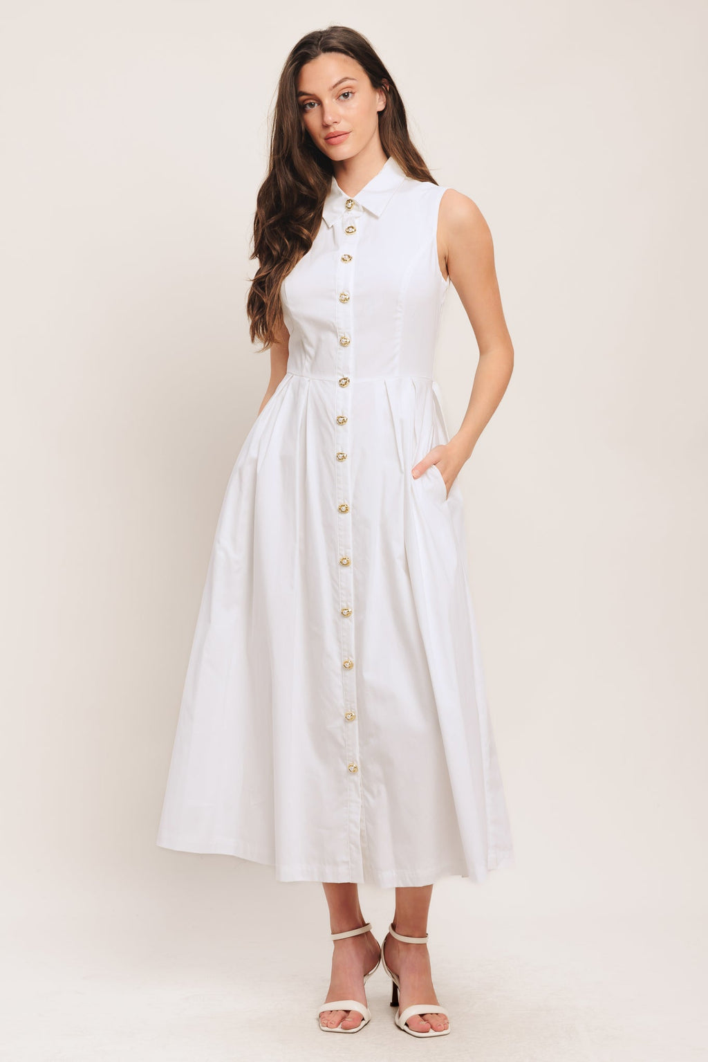 Elegant White Midi Dress with Jewel Button Closure
